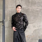 Bonsir Elgance Men's Long Sleeve T-shirts Autumn Trend Sequin Standing Neck Slim Male Tee Fashion Personality 2024 Autumn New