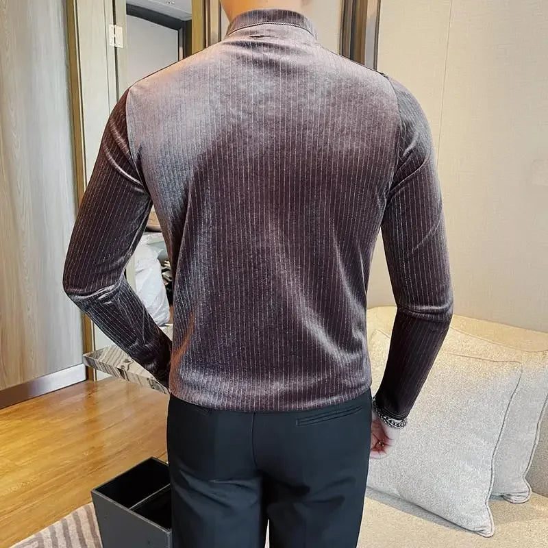 Bonsir Autumn Winter Saddle Shoulder Corduroy T Shirts Korean Luxury All Match Elastic Stripe Slim Fit Men's Long Sleeve Tees