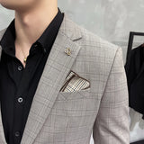 Bonsir ( Blazer + Pants ) New Formal Business Plaid Mens Suits Slim Formal Masculino Terno Tuxedo Groom Prom Wear 2 Pieces Set