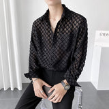 Bonsir Sexy Translucent Hollow Plaid Shirt Korean Fashion Loose Casual Long Sleeve Shirt Male Dress Shirts Tops Stage Clothes