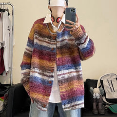 Bonsir New Retro Striped Tie-dye Contrast Color Knitted Sweater Couple Sweater Cardigan winter Trend Korean style Loose Men's Coat