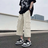 BONSIR  -  Summer Casual Pants Men Fashion Pocket Cargo Pants Men Japanese Streetwear Hip-hop Loose Wide Leg Pants Mens Cropped Pants