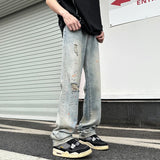 BONSIR  -  New Ripped Jeans Man Pants Colored Paint Dots Long Straight Casual Denim Trousers Fashion Oversized Streetwear Clothing Men