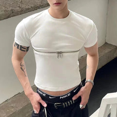 Bonsir 2024 Men T Shirt Zipper Solid Color O-neck Short Sleeve Fashion Men Crop Tops Summer Streetwear Casual Camisetas Navy Navel Tees