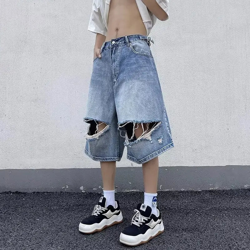 Bonsir Denim Shorts Men Hole Summer Gradient Color American Style High Street Students All-match Daily Breathable Fashion Trousers Chic