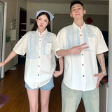 BONSIR  -  Solid Striped Men's Short Sleeved Shirt Summer Colored Button Design Male Blouse Korean Casual Loose and Versatile Top