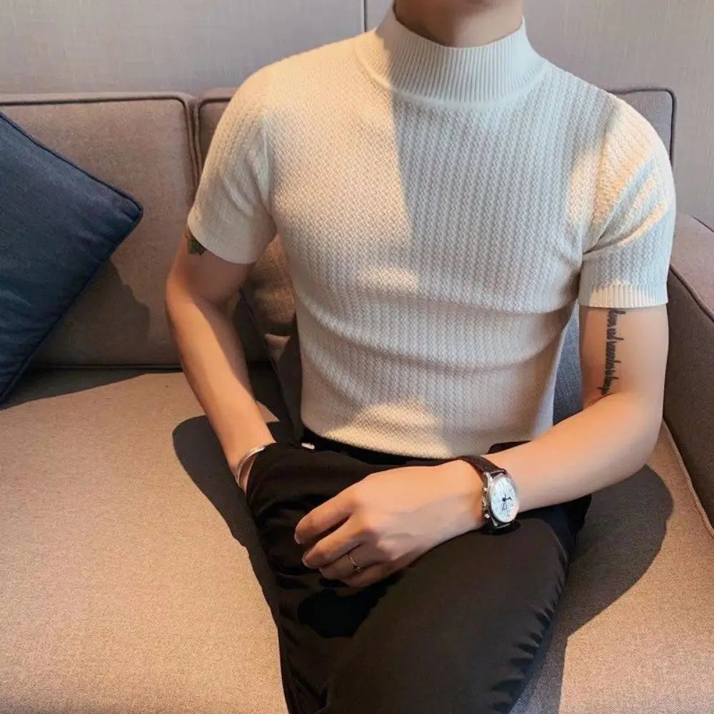 Bonsir Autumn New Short Sleeve Knitted Sweater Men Tops Clothing 2024 All Match Slim Fit Stretch Turtleneck Casual Pull Homme Pullovers