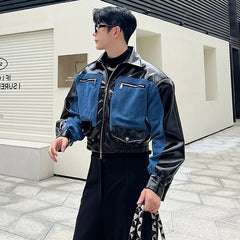 Bonsir 2024 Spring New Fashion Denim Leather Splicing Design Elegant Short Jacket Men's High Quality Korean Handsome Coat