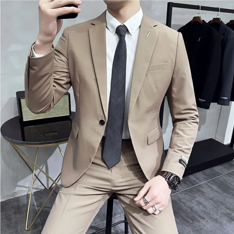 Bonsir (Jacket+Pant) Handsome Casual Beige 2 Piece Suit For Men Wedding Tuxedos Men Slim Fit Suits Business Party Prom Dress Homme 4XL