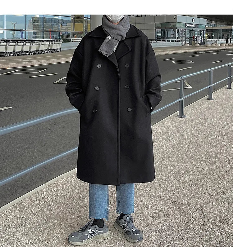 Bonsir Autumn/Winter Mid Length Woolen Coat Men's Thickened Windbreaker Overcoat Loose Large Handsome Parka Fashion Daily Men Clothing