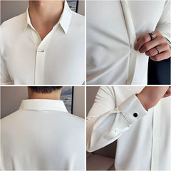 Bonsir High Elastic V-neck Non-marking POLO Shirt Autumn New Long sleeved Casual Business Solid Color T-shirt Men's Clothing