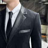 Bonsir Spliced Leather Collar Flannel Texture Suit Coat Autumn Winter Men Slim Fit Business Thick Striped Wedding Suits Men's Clothing