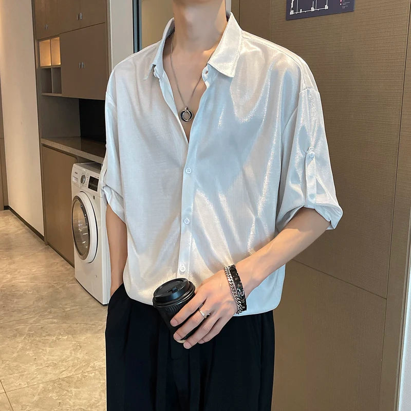 Bonsir Men Shiny Design Casual Shirt Trendy Handsome Shirts Fashion Loose Half Sleeve Tops Korean Style Personality Clothing