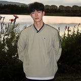 BONSIR  -  American retro V-neck sweater men's 2025 spring and autumn new teen trendy brand sports striped shoulder sleeve jacket 12