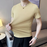 Bonsir Summer Men Ice Silk Short Sleeved T-shirt Fashion Stripes O-Neck Slim Fit Casual Elastic Tee Tops 4XL-M Streetwear