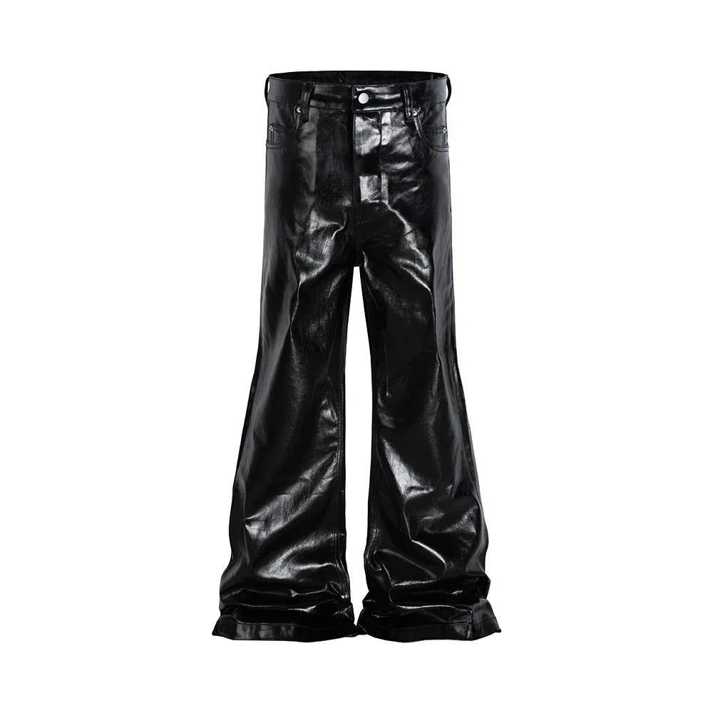 Bonsir High Street Wide Leg Glossy Pu Leather Pants Sashes Boot Cut Men and Wome Straight Baggy Casual Jeans Oversized Flared Trousers