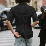 BONSIR  -  Men Shirt Solid Color Lapel Short Sleeve Lace Up Streetwear Men Clothing Summer 2025 Button Fashion Tops Camisas S-5XL
