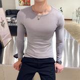Bonsir Spring Round Neck Slim Fit Solid Color T Shirts Men Long Sleeve Simple Bottoming Shirt Casual Clothing Tee Top 4XL-M
