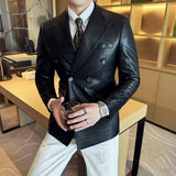 Bonsir High Quality Square Grid Double Breasted Leather Jacket Fashion Business Slim Fit Casual Men Suit Blazer Tuxedos Men Clothing