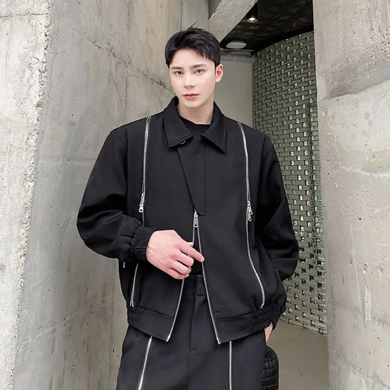 Bonsir Solid Color Men's Jackets Design Personality Zipper Turn Down Collar Streetwear Shorts Coat Chic 2024 Autumn