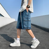 BONSIR  -  Summer New Baggy Denim Shorts Men's Pocket Jeans Elastic Waist Casual Blue High Street Drawstring Short Pants Streetwear