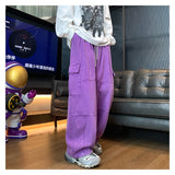 BONSIR  -  Multi-Pocket Washed Cargo Pants Men Women Y2K Vintage Streetwear Loose Oversized Straight Wide-Leg Jeans Dark Green/Purple