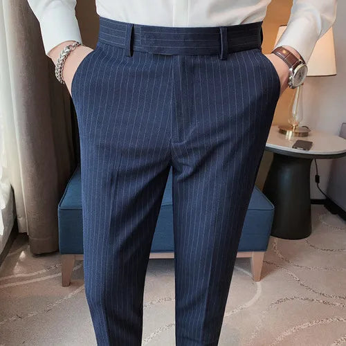 Bonsir British Style Striped Slim Fit Suit Pant Men Business Casual Simple Dress Pants High Quality Social Wedding Party Trousers 38-28