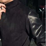 Bonsir Mens T-Shirt Pu Leather Stitching Slim Fit T-Shirt Spring Streetwear Fashion Leisure Campus Long-Sleeved Top Men'S Wear New