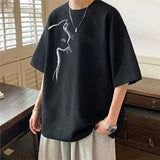 BONSIR  -  Cute Cat Printed Men's Short Sleeved T-shirt Korean Style Minimalist Waffle Style Male Tee Summer Round Neck Loose Top