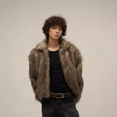 Bonsir Winter Short Thick Warm Brown Hairy Soft Faux Fur Coat Men with Turn-down Collar Long Sleeve Fluffy Jackets