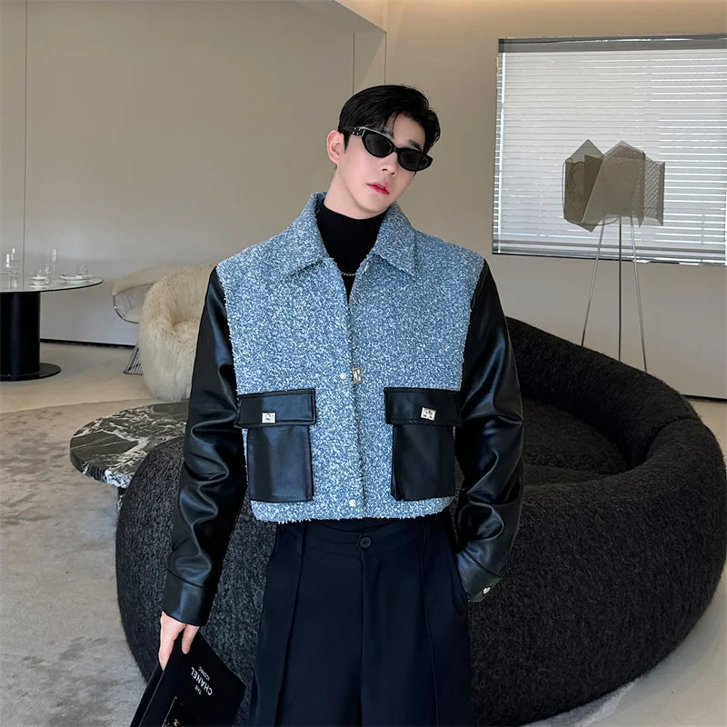 Bonsir Korean Style Patchwork Design Men's Short Coats Turn Down Collar Casual Loose Male Coats New Fashion 2024 Autumn Winter