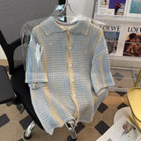 Bonsir Retro striped knitted cardigan short sleeved shirt for men and women summer trend loose casual street short sleeved T-shirt top