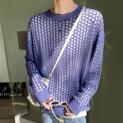 Bonsir Casual Pullovers Hollow Out Outfits Fishnet Smock Tops Men Fashion Loose Long Sleeve See-though Knit Shirts Y2k Sexy Holes Shirt