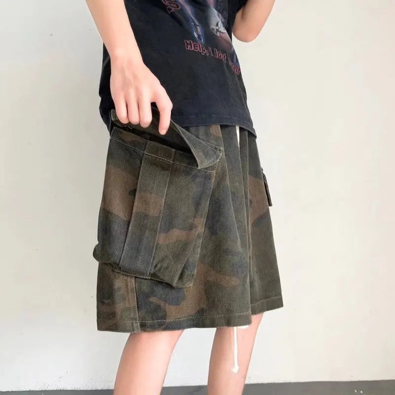 Bonsir Cargo Shorts Men Camouflage Breathable Stylish Big Pockets Baggy Cozy Personality Leisure Japanese Advanced Drawstring Aesthetic