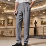 BONSIR  -  New American Style Business Striped Men Suit Pants Light Luxury Leisure Linen Straight Pants Urban Fashion High Quality Trousers