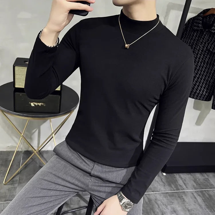 Bonsir Autumn Winter Half High Neck Velvet T-Shirt Korean Men's Slim Fit Solid Color Casual Long Sleeve Bottoming Tee Men Clothing 4XL