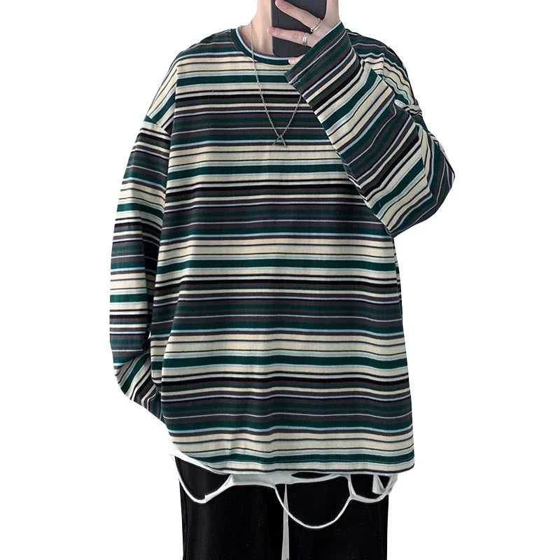 BONSIR  -  Fashion Long Sleeve Mens T Shirts Striped Tops Style Loose Casual Female Tshirt