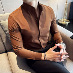 Bonsir Autumn New Stand Collar Solid Slim Shirts Mens Hide Buttons Design Luxury Long Sleeve Party Wedding Business Dress Shirts