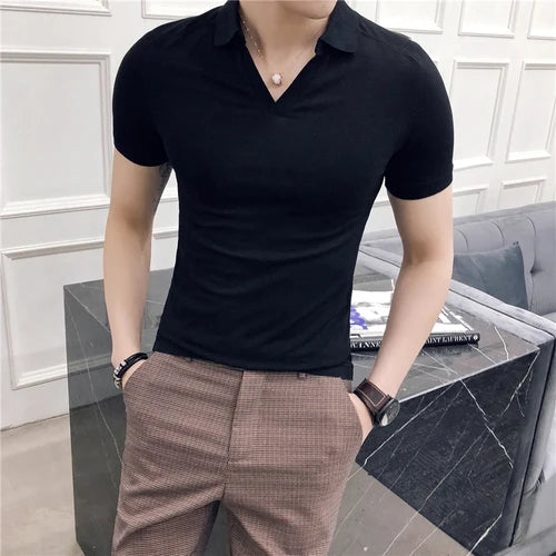 Bonsir Summer New V-neck Breathable Polo Shirt Men Clothing Fashion Short Sleeved Slim Fit  Solid Color Tee Tops Streetwear 4XL-M