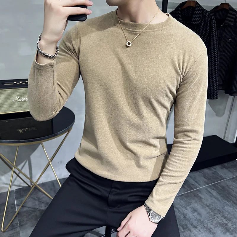 Bonsir Autumn Winter Thickened Round Neck Long Sleeved T-Shirt 2022 Korean Tops Fashion Men's Slim Double Faced Velvet Bottomed T shirt