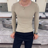 Bonsir Spring Round Neck Slim Fit Solid Color T Shirts Men Long Sleeve Simple Bottoming Shirt Casual Clothing Tee Top 4XL-M