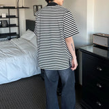Bonsir Mens Casual Black White Striped T-Shirts Genderless 2024 Summer New Fashion Streetwear Youth High Neck Short Sleeve Tops Unisex