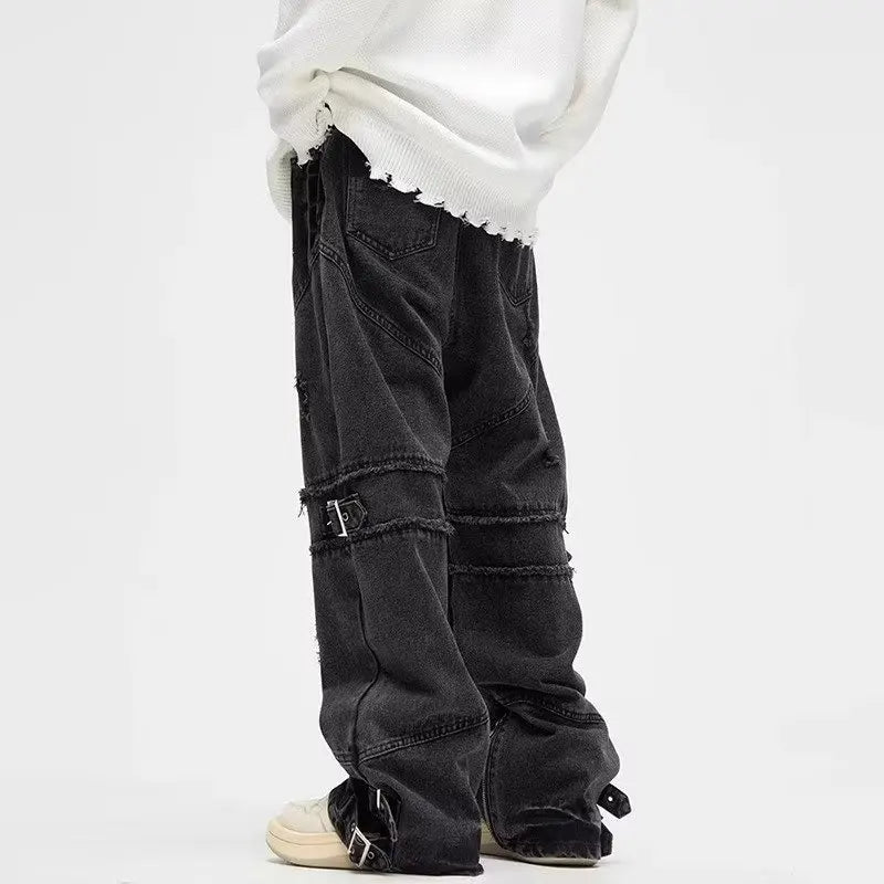 Bonsir Y2K Streetwear Black Baggy Ripped Stacked Jeans Cargo Pants For Men Clothing Straight Denim Trousers Pantalon Homme