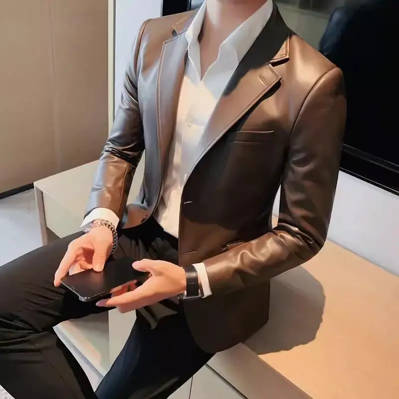 Bonsir Men's Leather Jacket Autumn Highend Fashion Solid Slim Fit Business Blazers Coats Korean Casual PU Leather Suit Tuxedo