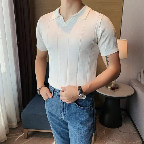 Bonsir British Style V Neck POLO Shirt Mens Summer Short Sleeve Knitting Tee Fashion Lapel Solid Color Slim Fit Business Casual Polos