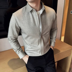 Bonsir Autumn Winter New Thick Warm Woolen Shirt High-end Zipper Design Seamless Striped Shirt Fashion Men Casual Social Party Tuxedo