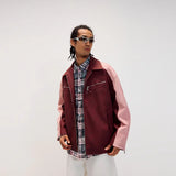 Bonsir Lapel contrasting color old jacket PU leather jacket men's American retro street spring and autumn