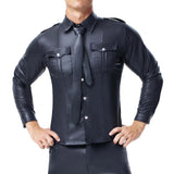 Bonsir Fashion Black Faux Leather Men Oversize Fitness Shirts Long Sleeves Pocket PU Metal Fastener Tops Tees Sexy Slim Fit Sexy Shirt