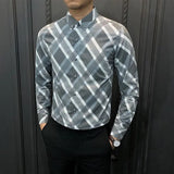 Bonsir Korean Fashion Spring Autumn Shirts Men Clothing Lapel Plaid Single Breasted Smart Casual Office Social Long Sleeve Slim Tops