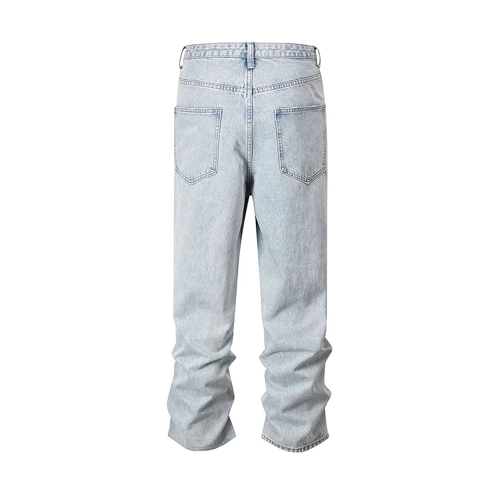 Bonsir Side Striped Washed Ripped Blue Jeans for Men and Women Streetwear Baggy Casual Denim Trousers Straight Light Blue Cargo Pants